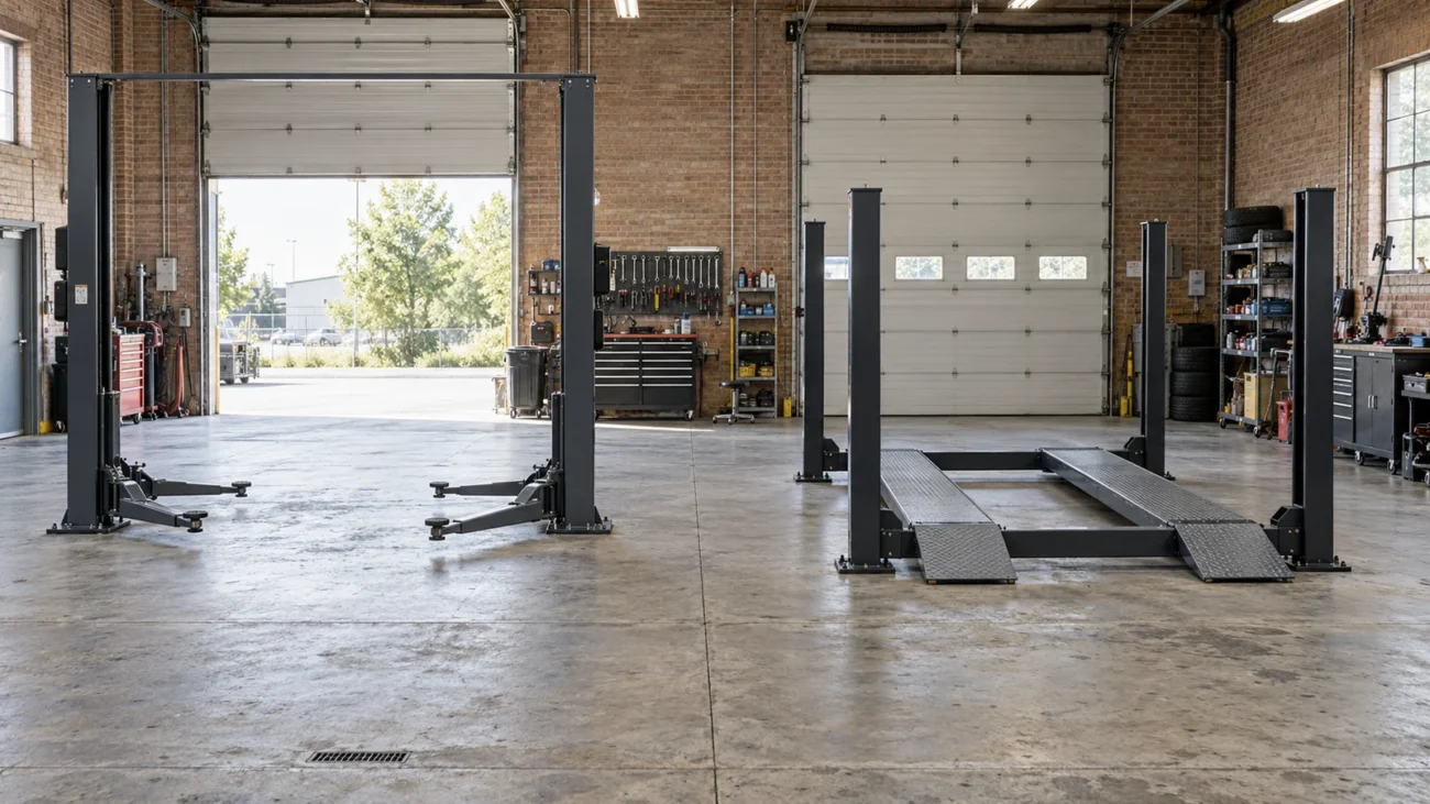 Separate two-post and four-post lifts in an automotive workshop — generated illustration