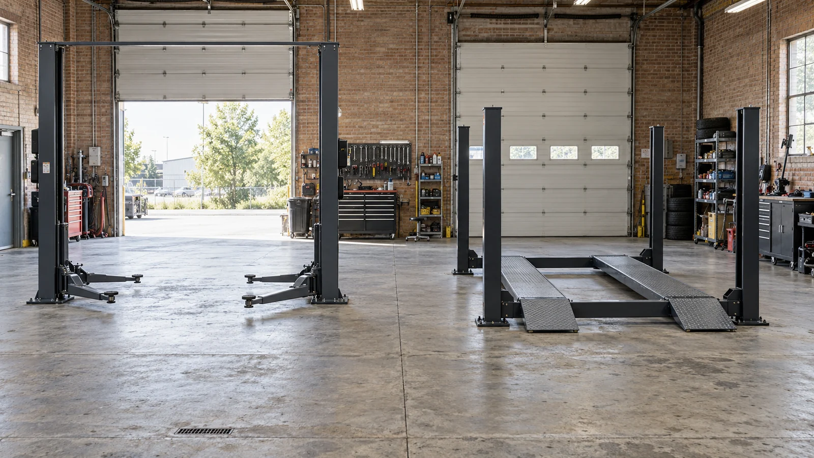 Separate two-post and four-post lifts in an automotive workshop — generated illustration