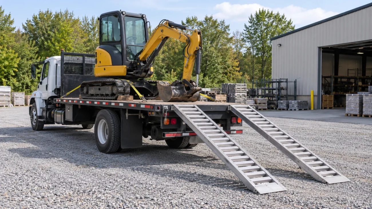 Stationary flatbed delivery truck with excavator and lowered loading ramps — generated illustration