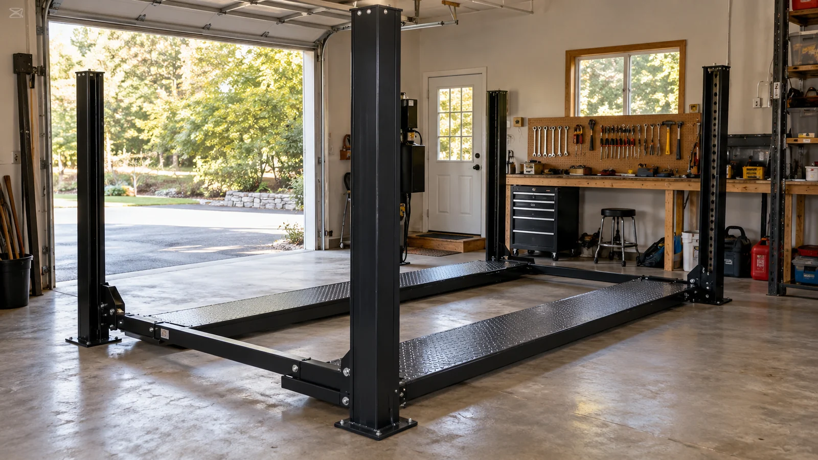 Empty four-post car lift in a sunlit residential garage — generated illustration