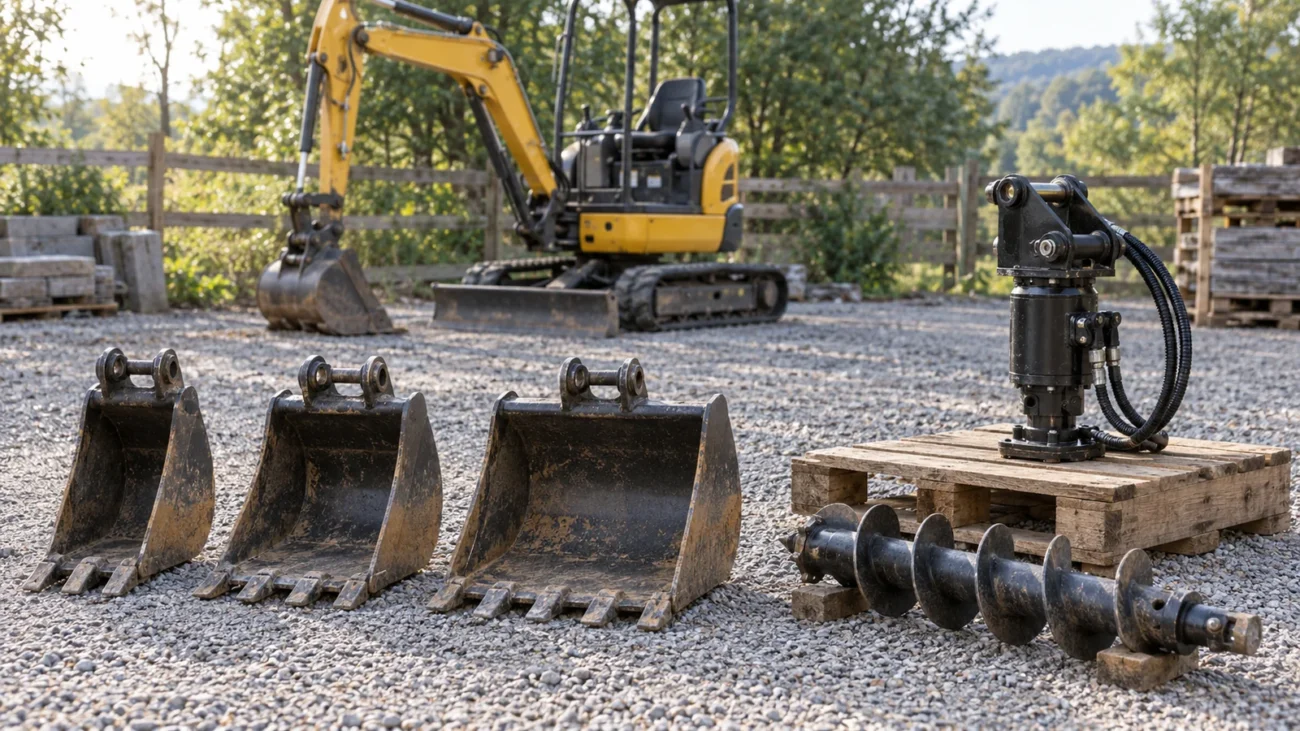 Generic excavator buckets and auger arranged in an outdoor equipment yard — generated illustration