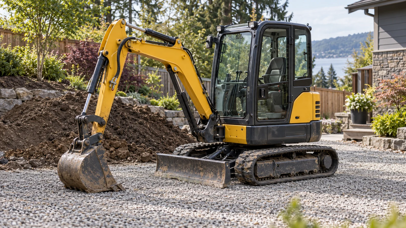 Compact tracked excavator parked at a residential landscaping site — generated illustration