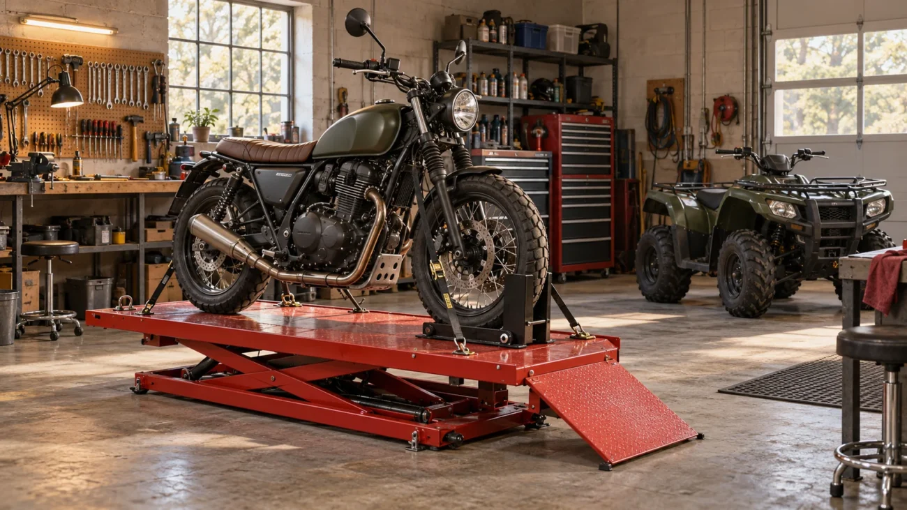 Motorcycle secured on a service lift table with ATV parked in workshop — generated illustration