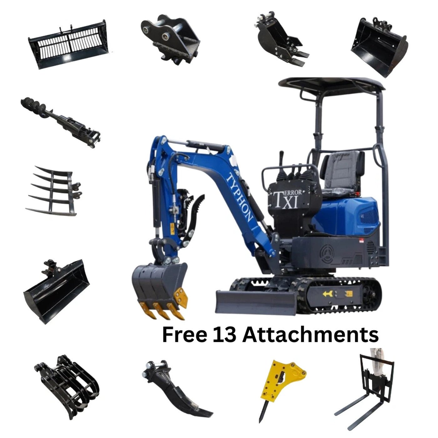 riggmont-35646-file_1e493dfa-9690-4a65-ac9f-20e41a3fdd10 13 Attachments Bundle TERROR XI Mini Excavator Digger 13.5hp Gas B&S EPA Engine - Image 1