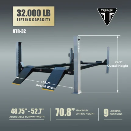 Triumph NTR-32 32,000 lb 4 Post Auto Lift — annotated dimensions and features