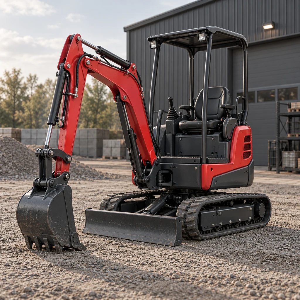AI-generated illustration of mini excavators in an industrial setting