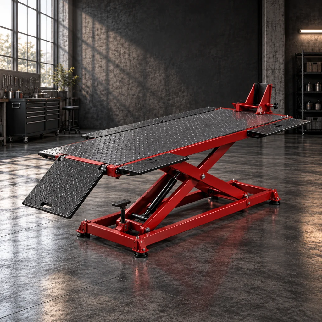 AI-generated illustration of motorcycle & atv lifts in an industrial setting